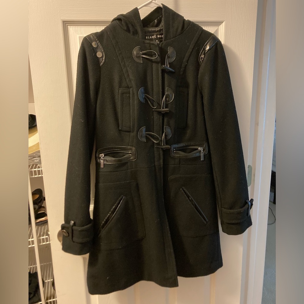 Black hooded pea coat with zipper pockets in excellent condition size medium